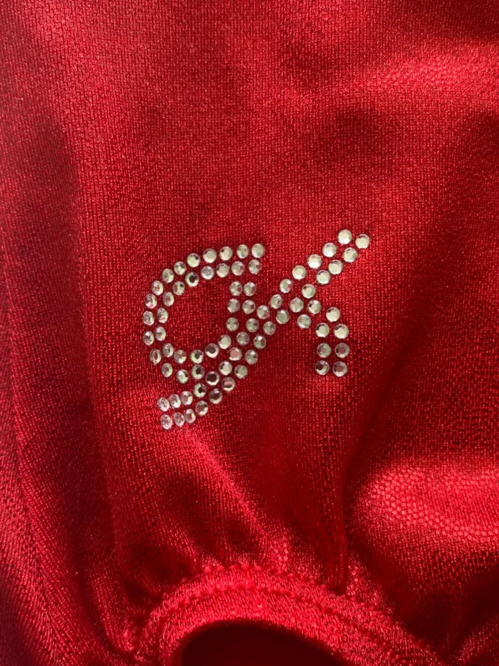 GK Elite Girls Youth Medium Red Black Metallic Gymnastics Leotard Rhinestone